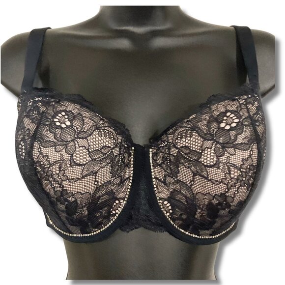 LA SENZA 34DD Black and nude pink floral lace underwire bra w/ clear rhinestones - Picture 1 of 13